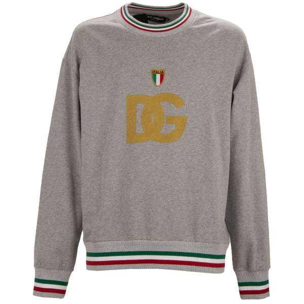 Oversize Cotton Sweater / sweatshirt embellished with DG logo and Italia Flag in gray by DOLCE & GABBANA