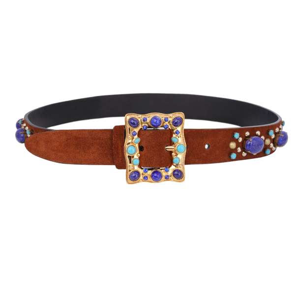 Suede leather Belt embellished with crystals and metal pearls in brown, blue and gold by DOLCE & GABBANA 