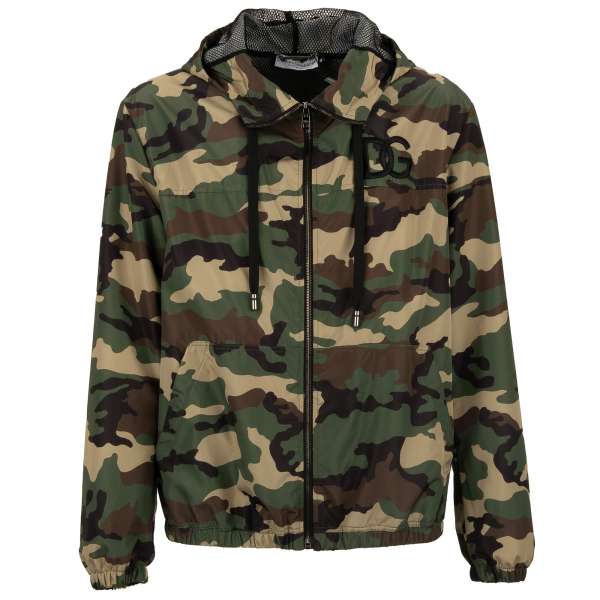 Light camouflage printed hooded bomber jacket with embroidered DG Logo and pockets by DOLCE & GABBANA