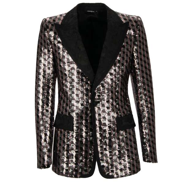 Geometric pattern sequined tuxedo / blazer with a contrast black flower jaccquard lapel by DOLCE & GABBANA