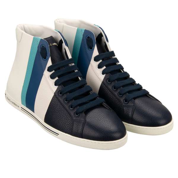 Lace Low Top Leather Sneaker SAINT TROPEZ with DG logo in white and blue by DOLCE & GABBANA