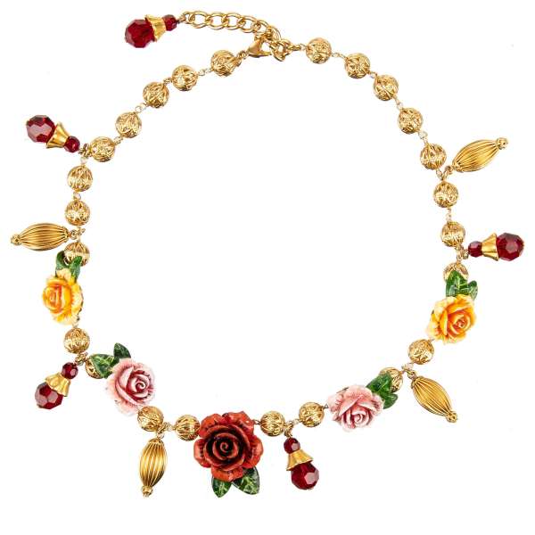 Chocker necklace with hand-painted roses, red crystals and filigree elements in gold by DOLCE & GABBANA