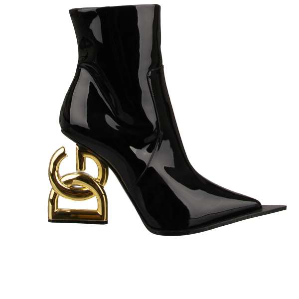 Lackleder Stiefelette / Boots CARDINALE mit DG Gold Logo Absatz in Schwarz von DOLCE & GABBANA