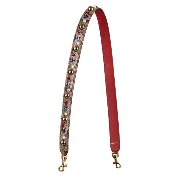 Snake and Dauphine Pattern calf leather bag Strap / Handle with pearls and stars applications in beige, blue and red by DOLCE & GABBANA