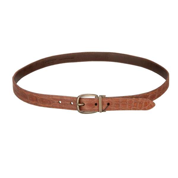 Crocodile Leather belt with antique gold metal buckle in brown by DOLCE & GABBANA