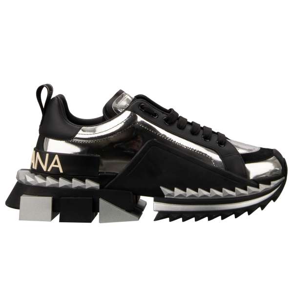 Lace-Up Sneaker SUPER KING for men with platform and DG logo in silver and black by DOLCE & GABBANA