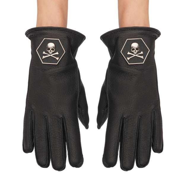 "Fulton" Leather and Cashmere Gloves with metal skull logos in black by PHILIPP PLEIN