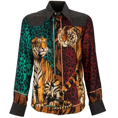 Tiger Leopard Denim Jeans Silk Press Button Shirt Blue