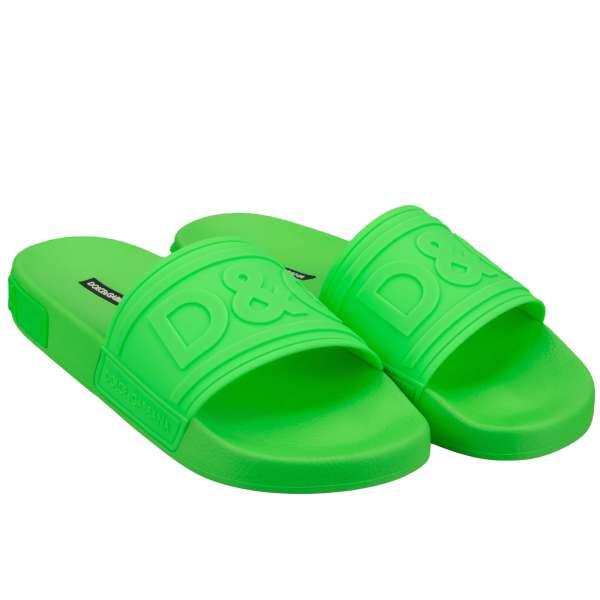 Slides Sandals with a D&G Front Logo and large Logo insert at the sole in neon green by DOLCE & GABBANA 