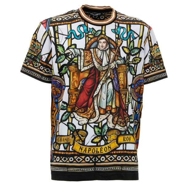 Cotton T-Shirt with Napoleon print, ripped details with stripes in blue, red, yellow and black by DOLCE & GABBANA