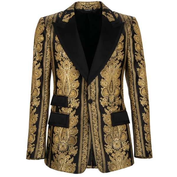 Baroque pattern jacquard blazer with peak lapel in gold and black by DOLCE & GABBANA