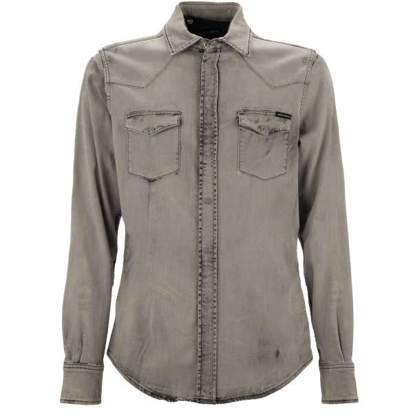 Jeans / Denim shirt with DG Logo patch and two front pockets in gray by DOLCE & GABBANA