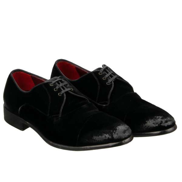 VENEZIA Classic velvet derby shoes with vintage effect coating in front in black by DOLCE & GABBANA