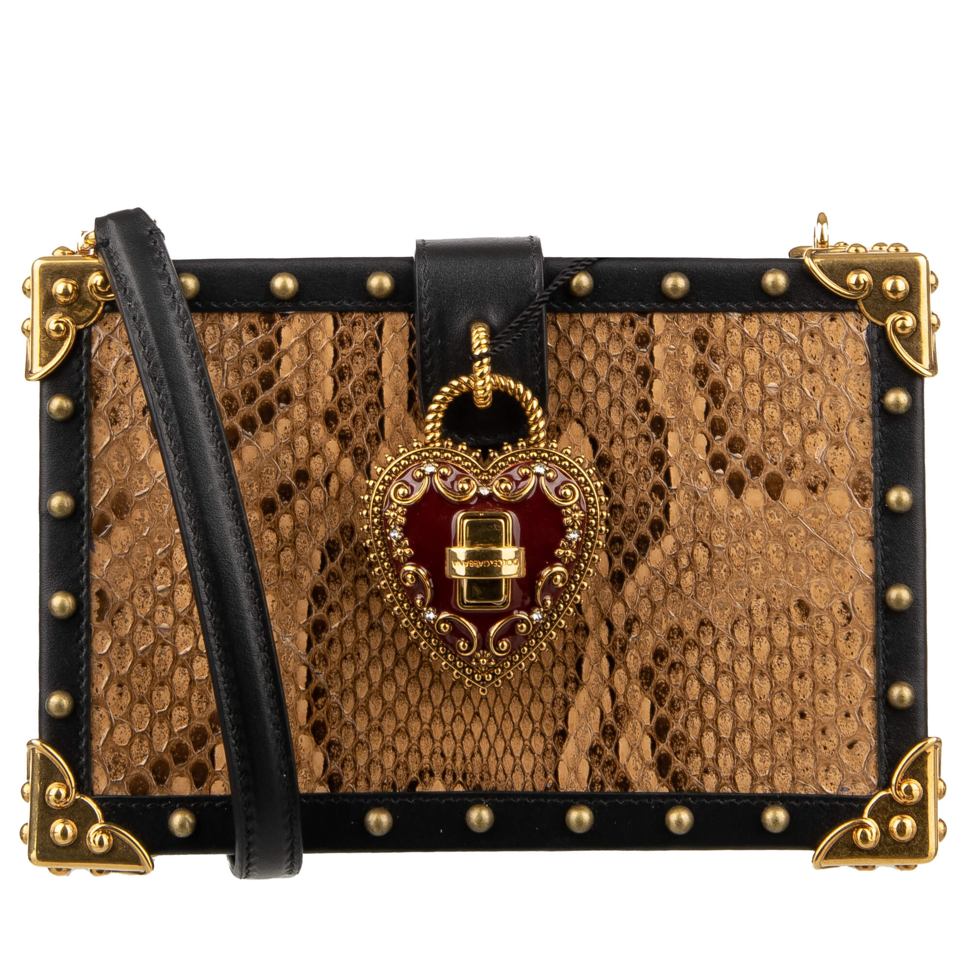 Dolce & Gabbana Snakeskin Wood Clutch Box Bag MY HEART with Studs Beige  Black | FASHION ROOMS