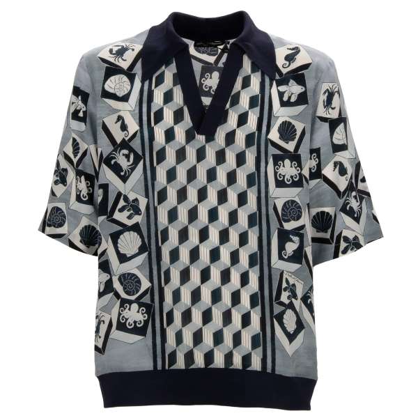 Gio Ponti Design und Meer Bewohner Print Polo Shirt aus Seide in Blau von DOLCE & GABBANA