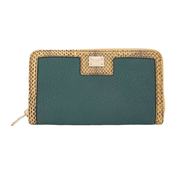 Leather and Snake Skin Zip-Around wallet with logo plate in green and yellow by DOLCE & GABBANA