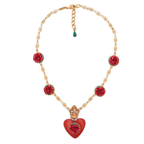 Chocker necklace with crystal crown, heart and roses pendants in red and gold by DOLCE & GABBANA