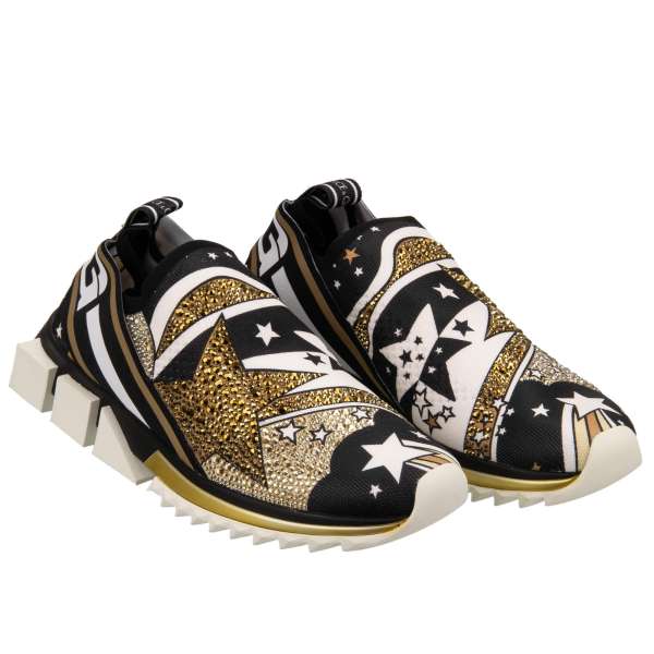 Crystal embellished Low Top Sneaker SORRENTO made of stretch fabric with massive rubber sole, logo stripes and stars pattern by DOLCE & GABBANA