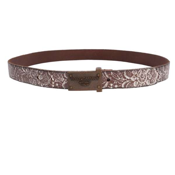 Vintage look Leather belt with DG Logo metal logo plate and decorative printed leather in brown by DOLCE & GABBANA