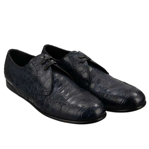 Very exclusive and rare, formal caiman leather derby shoes SIRACUSA in blue by DOLCE & GABBANA