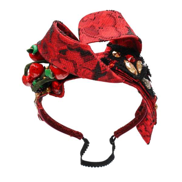 Jacquard Haarreif mit Beeren, Kristallen, Spitze und Messing Zweig in Rot von DOLCE & GABBANA