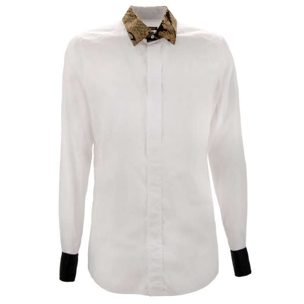 Cotton shirt with baroque jacquard collar and hidden button line in white by DOLCE & GABBANA  - GOLD Line 