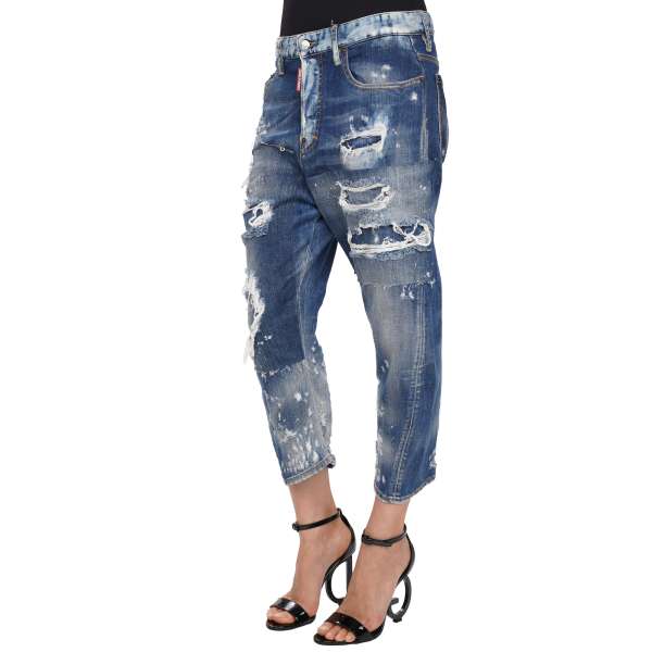 Distressed Boyfriend Cut 5-pockets Jeans with hand made elements in blue by DSQUARED2