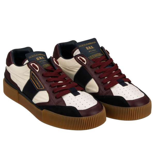 Herren Low Top Leder und Wildleder Sneaker NEW MIAMI mit DG Logo in Blau, Weiß, Bordeaux und Beige von DOLCE & GABBANA