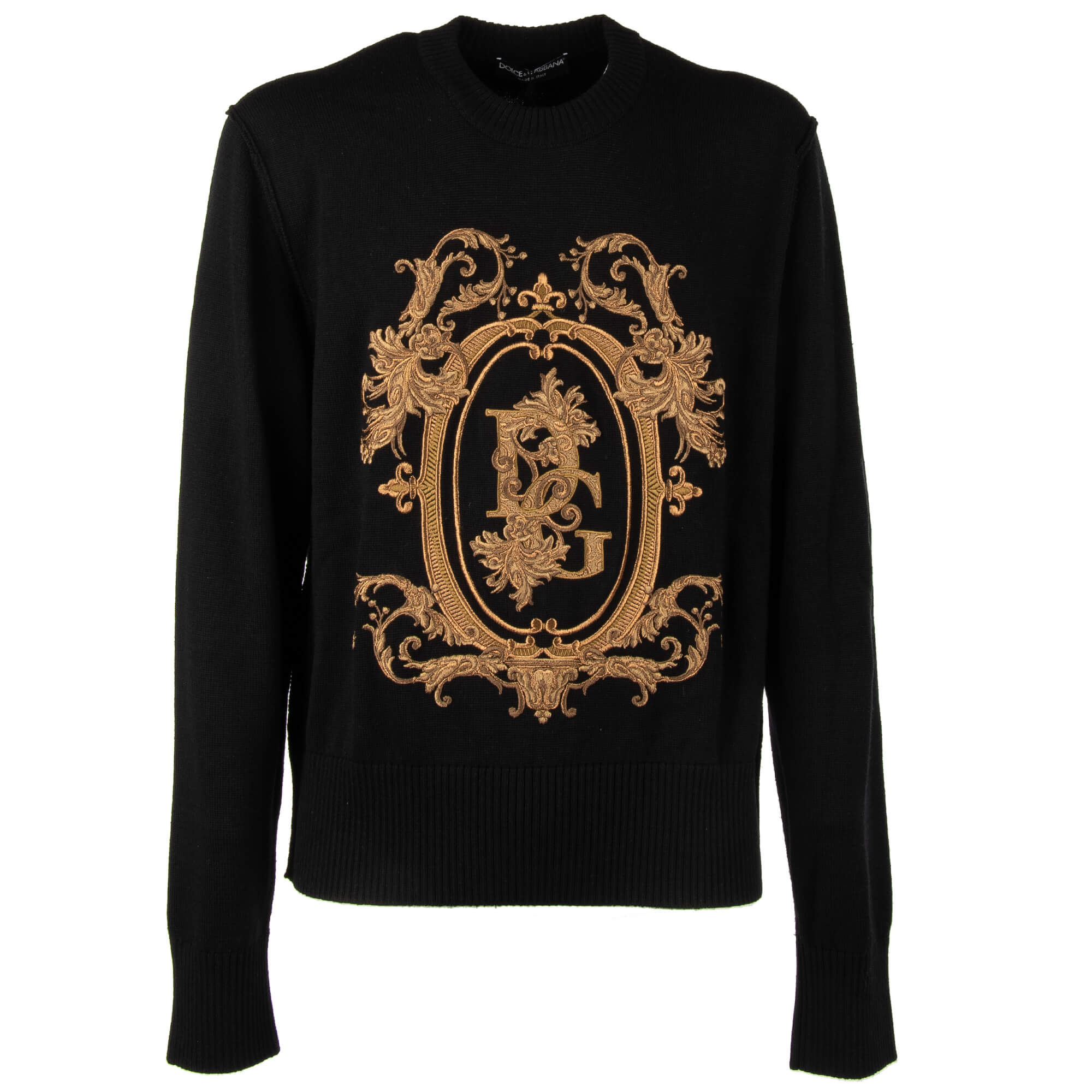 Dolce & Gabbana Virgin Wool Sweater with Heraldry and Logo Embroidery Black  Gold 56 2XL | FASHION ROOMS