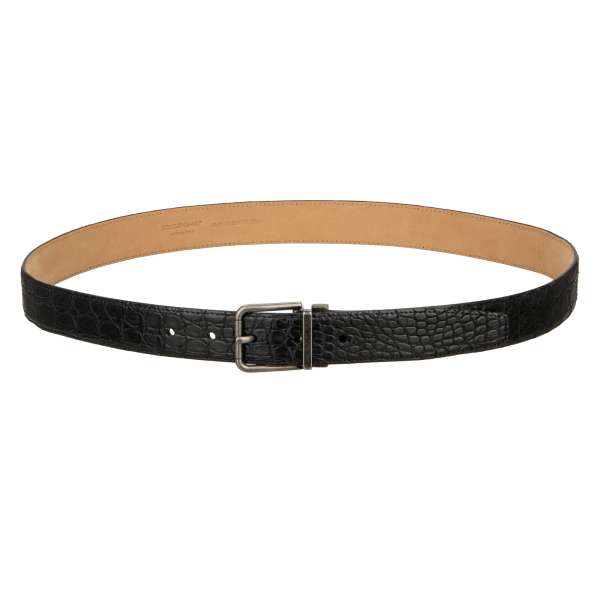 Crocodile Leather belt with silver metal buckle in brown by DOLCE & GABBANA