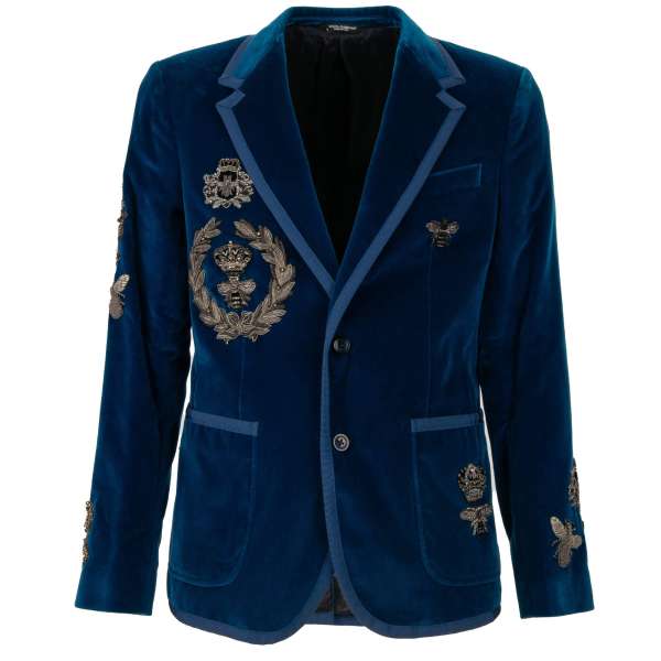 Goldwork hand embroidery Crystal Crown Napoleon Bee velvet blazer with notch lapel and pockets in blue by DOLCE & GABBANA