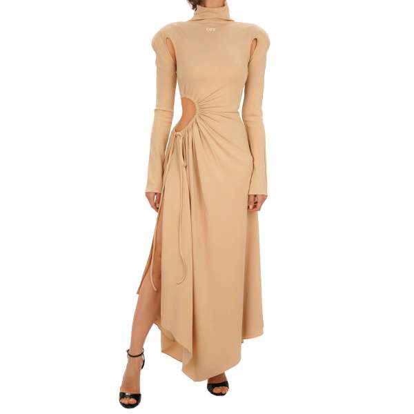 Maxi Kleid "Plisse Panel" mit Cut-Outs und Logo in Beige / Nude von OFF-WHITE c/o Virgil Abloh