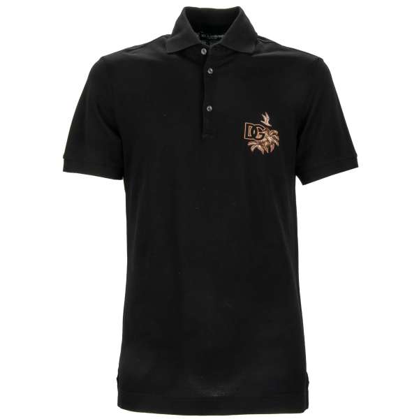 Cotton Polo Shirt with embroidered DG logo palm leaves in black by DOLCE & GABBANA