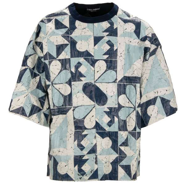 One of a Kind Baumwolle T-Shirt mit Gio Ponti Design Motiv rissiger Farbe in Blau und Weiß von DOLCE & GABBANA