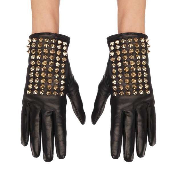 "Diva" Leather and Cashmere Lining Mid-Gloves with studs in black and gold by PHILIPP PLEIN 