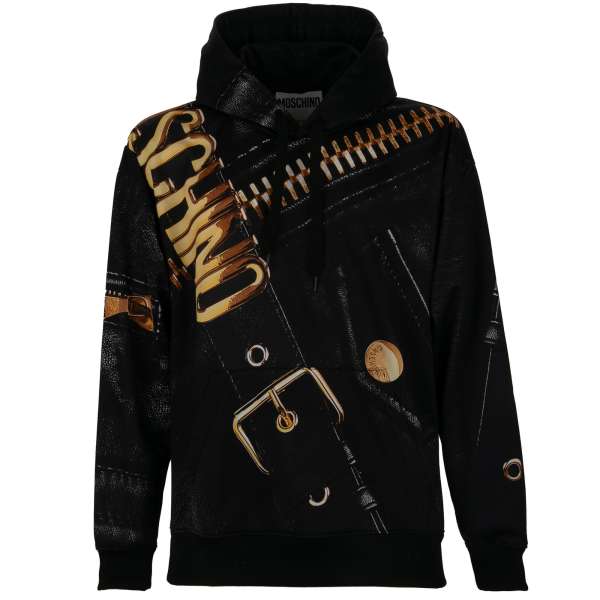 Sweater / hoody with Biker Jacket Logo Print in black and gold by MOSCHINO COUTURE