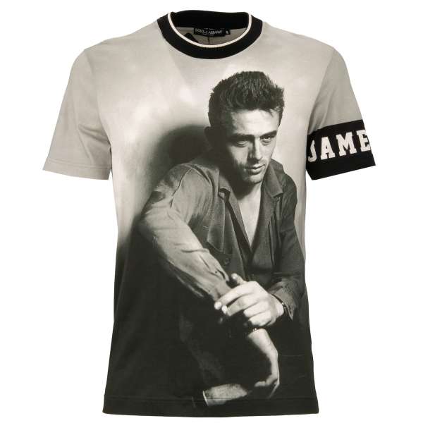 Printed cotton T-Shirt with James Dean print and logo patch on the collar in gray by DOLCE & GABBANA