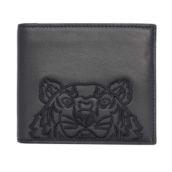 Leder Portemonnaie / Geldbörse mit Tiger und Kenzo Paris Logo Stickerei in Schwarz von KENZO