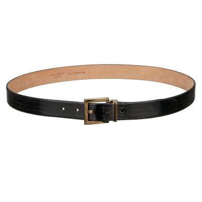 Gold Metal Buckle Lizard Leather Belt Black 95 38