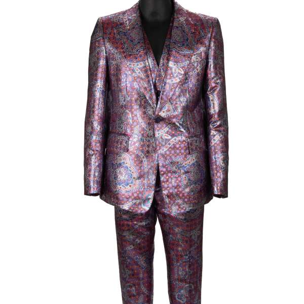 Shiny Jacquard 3 piece suit with peak lapel in blue, red, silver and pink by DOLCE & GABBANA 