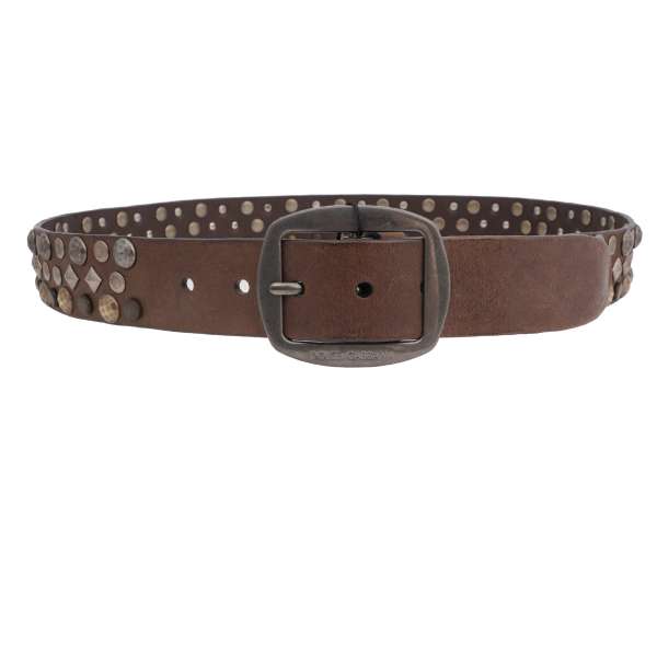 Leather belt with metal studs pearls in brown by DOLCE & GABBANA