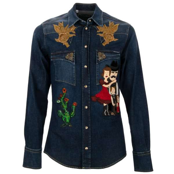 Goldwork hand-embroidered Jeans / Denim shirt with DG Family, roses, crystal bees and cactus applications, push button fastening and two front pockets in blue by DOLCE & GABBANA