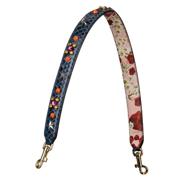 Snake and Dauphine calf leather bag Strap / Handle with flower pattern, crystals, stars and studs applications in blue and pink by DOLCE & GABBANA