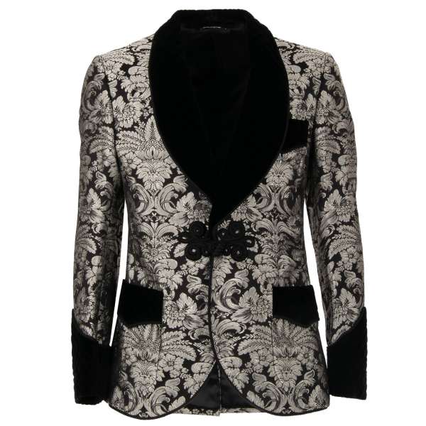 Baroque Style smoking jacket / blazer in black with rope fastening and velvet shawl lapel in silver and black by DOLCE & GABBANA