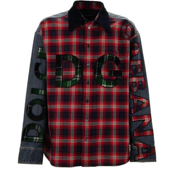 Oversize checked Jeans / Denim and virgin wool shirt with DG Logo Patches in red and blue by DOLCE & GABBANA