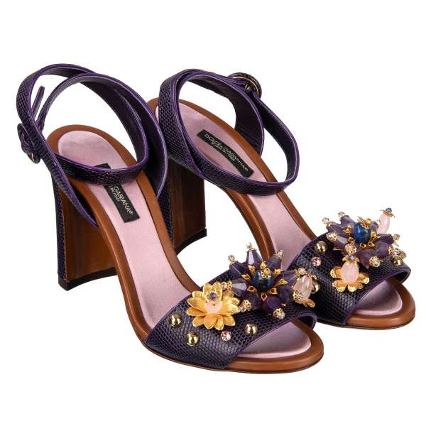 Lizard pattern leather strap heeled sandals with floral pearls, crystals, metal and studs embellishments in purple by DOLCE & GABBANA