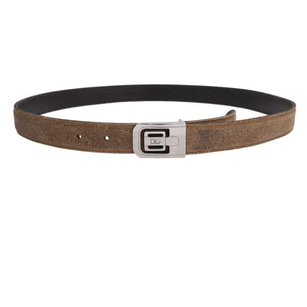 Vintage look leather belt with DG Logo silver buckle in brown by DOLCE & GABBANA