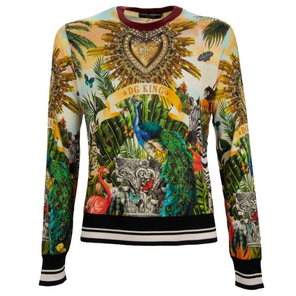 Silk sweatshirt / longsleeve with tropical Crown DG Heart Logo print in yellow and green by DOLCE & GABBANA