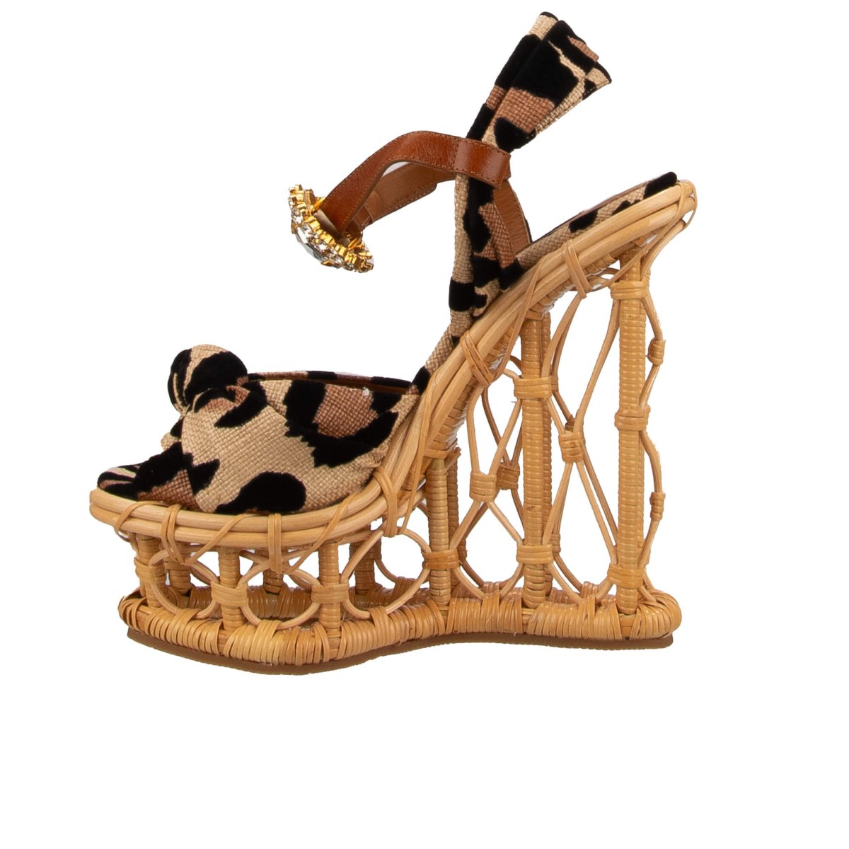 Dolce Gabbana Crystal Brooch Leopard Cage Straw Sandals BIANCA 37.5 US 7.5 FASHION ROOMS