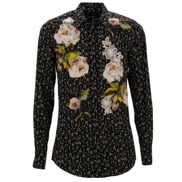 Cotton shirt with lace flowers and silk roses patches in white and black by DOLCE & GABBANA  - GOLD Line 